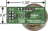 Pololu USB AVR programmer bottom view with dimensions.