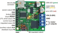 Pololu jrk 21v3 USB motor controller with feedback, labeled top view.