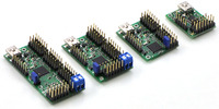 Maestro family of USB servo controllers: Mini 24, Mini 18, Mini 12, and Micro 6.