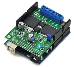 Pololu dual VNH5019 motor driver shield, assembled and connected to an Arduino Uno.