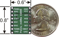 TB6612FNG dual motor driver carrier, bottom view with dimensions and quarter for size reference.