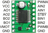 TB6612FNG dual motor driver carrier, top view with pads labeled.