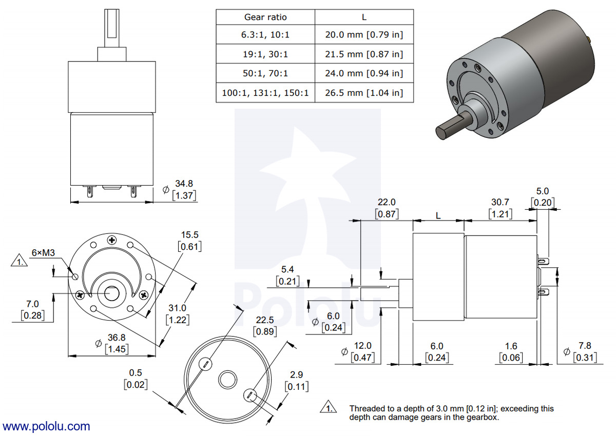 Pololu - 78:1 Metal Gearmotor 20Dx43L mm 6V with Extended Motor Shaft