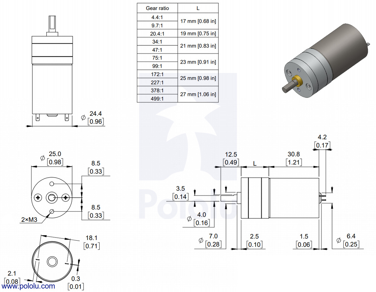 Pololu - 78:1 Metal Gearmotor 20Dx43L mm 6V with Extended Motor Shaft
