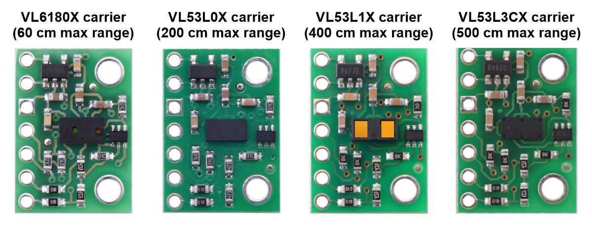Figure 30 - Side-by-side comparison of the VL6180X, VL53L0X, VL53L1X, and VL53L3CX Time-of-Flight Distance Sensor Carriers 
