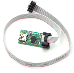 Pololu USB AVR programmer with included six-pin ISP cable.
