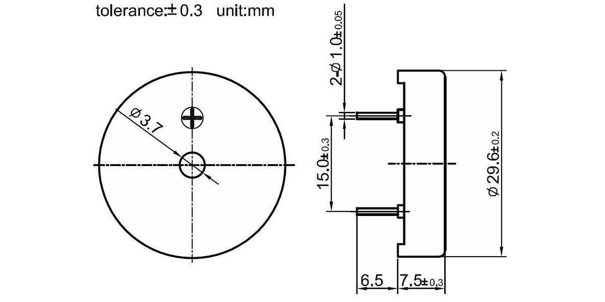 Pololu - 30mm piezo buzzer dimensions (in mm).