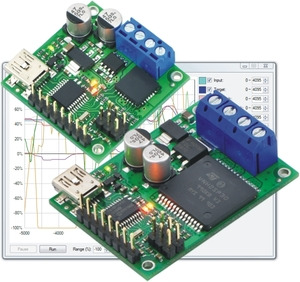 Pololu jrk 21v3 and 12v12 USB motor controllers with feedback.