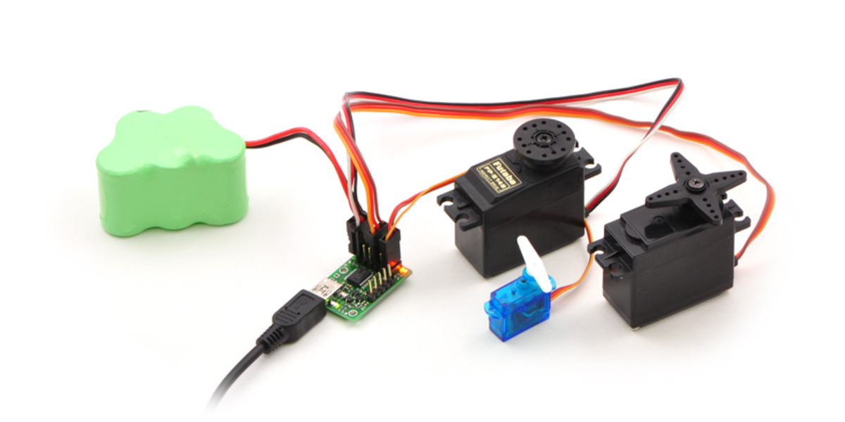 Pololu Micro Maestro 6channel USB servo controller (fully assembled) controlling three servos.