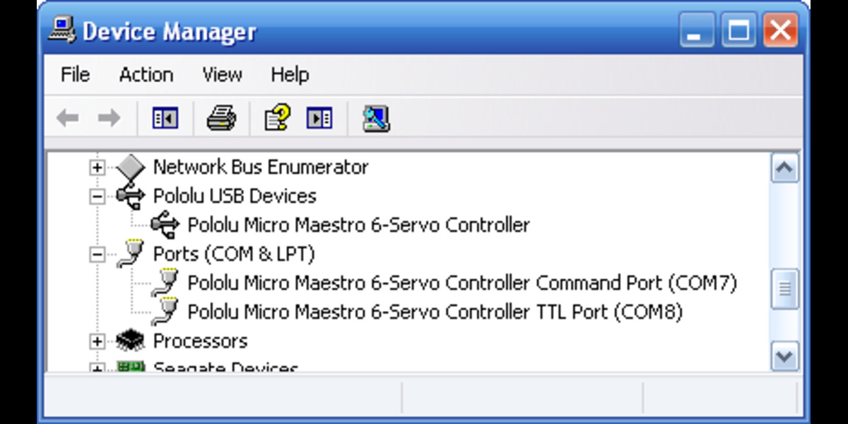 Pololu - Windows XP device manager showing the Micro Maestro 6-channel ...
