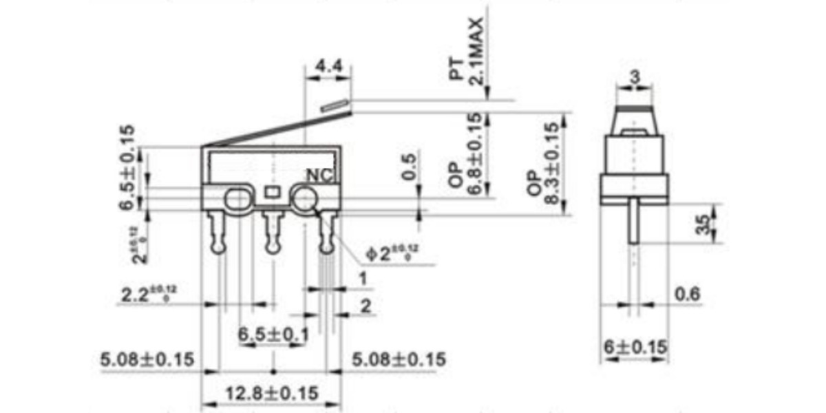 Pololu - Dimensions (in mm) of mini snap-action switch with 13.5mm lever.