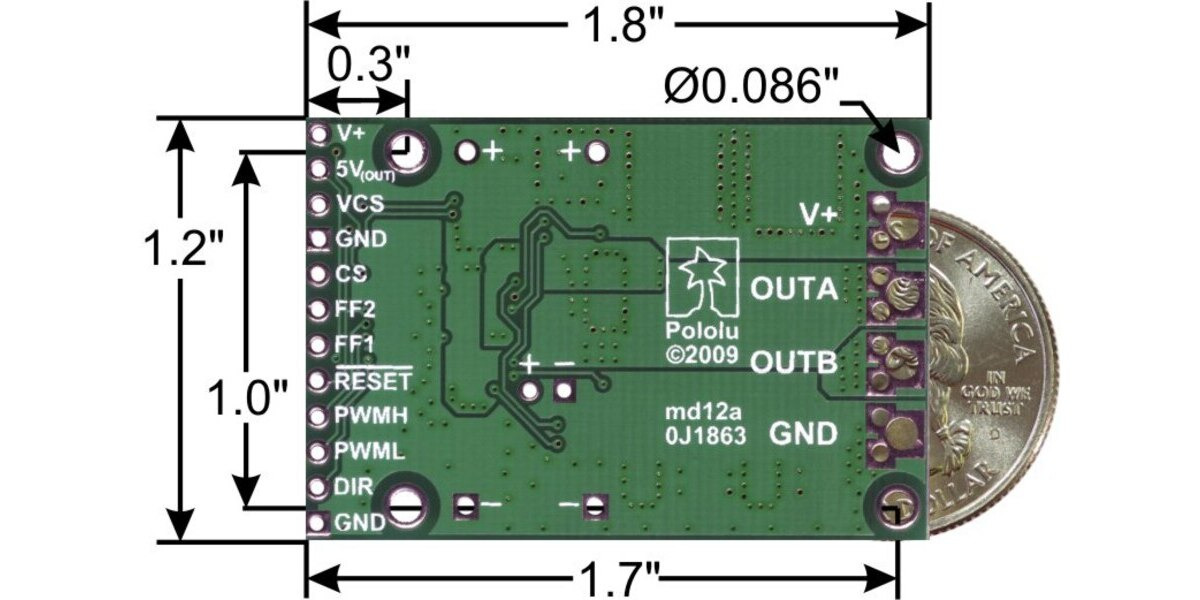 Pololu highpower motor driver CS dimensions with quarter for size