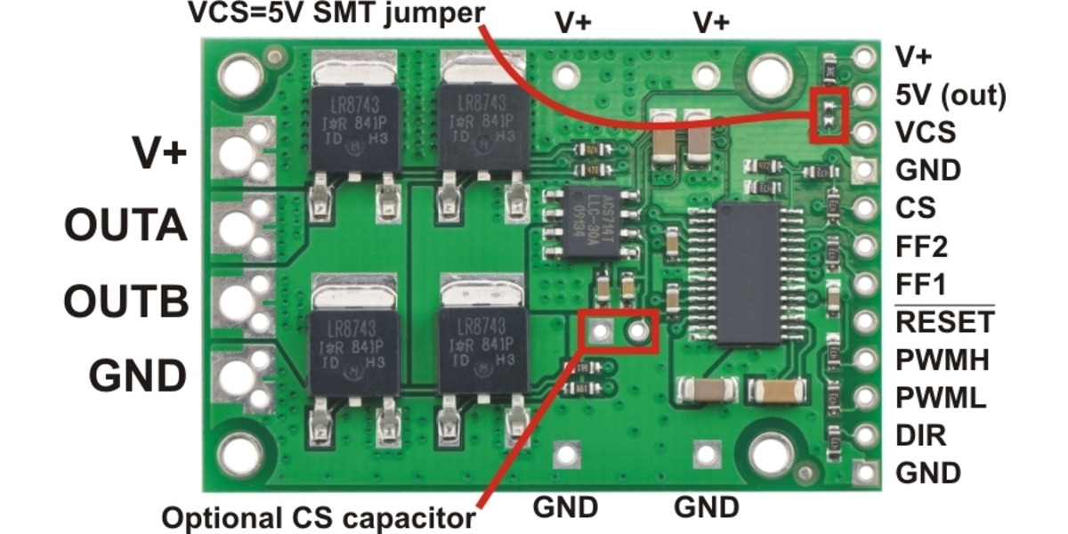 Pololu high-power motor driver CS, labeled top view.