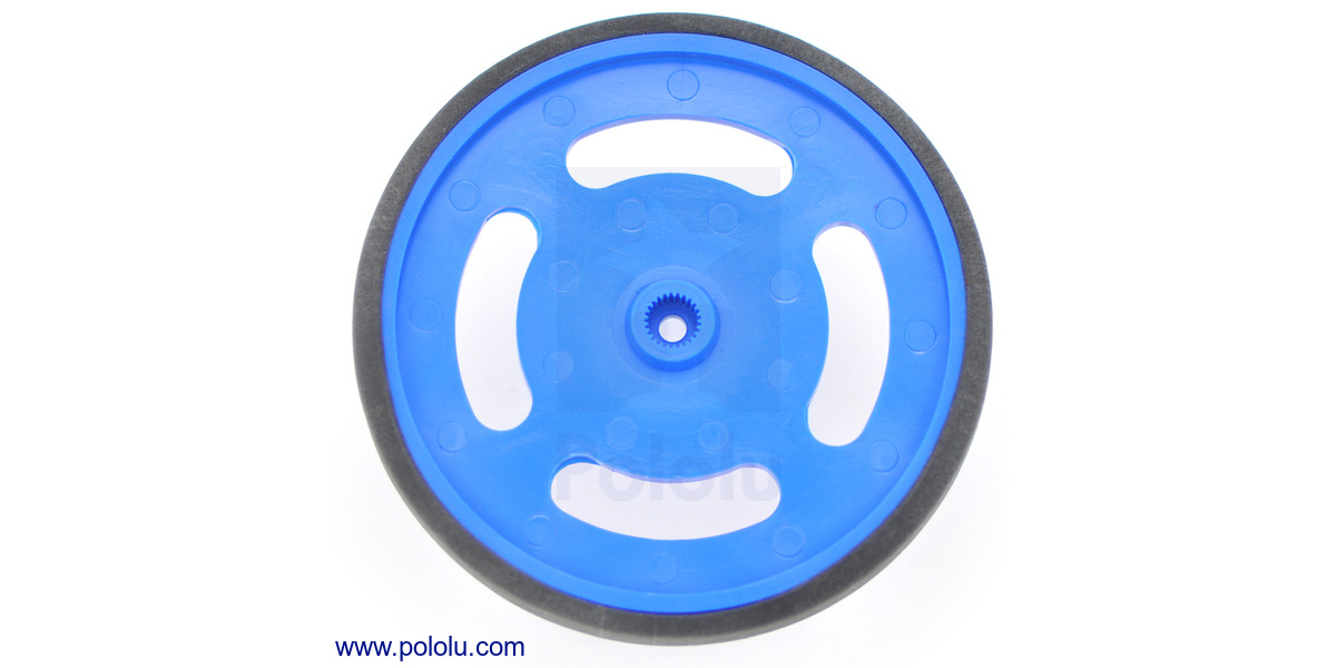 Pololu Blue Futaba servo wheel with included rubber band tire. This