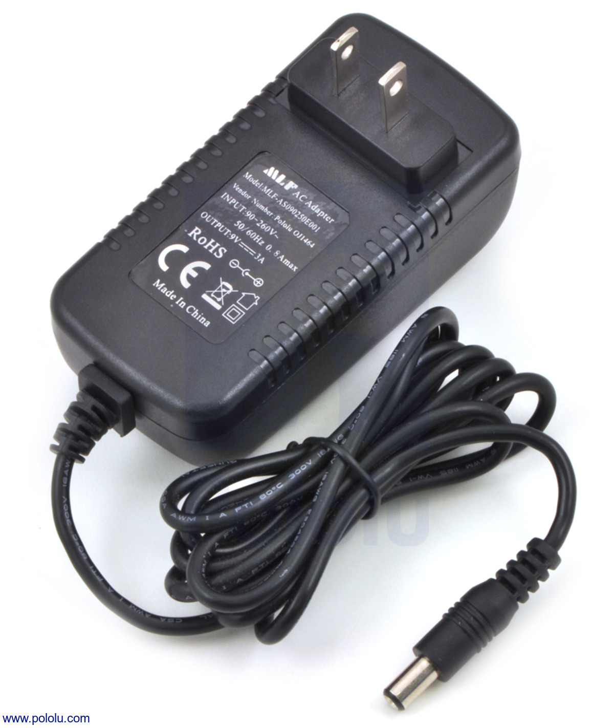 Pololu - Wall power adapter: 9VDC, 3A, 5.5×2.1mm barrel jack, center ...