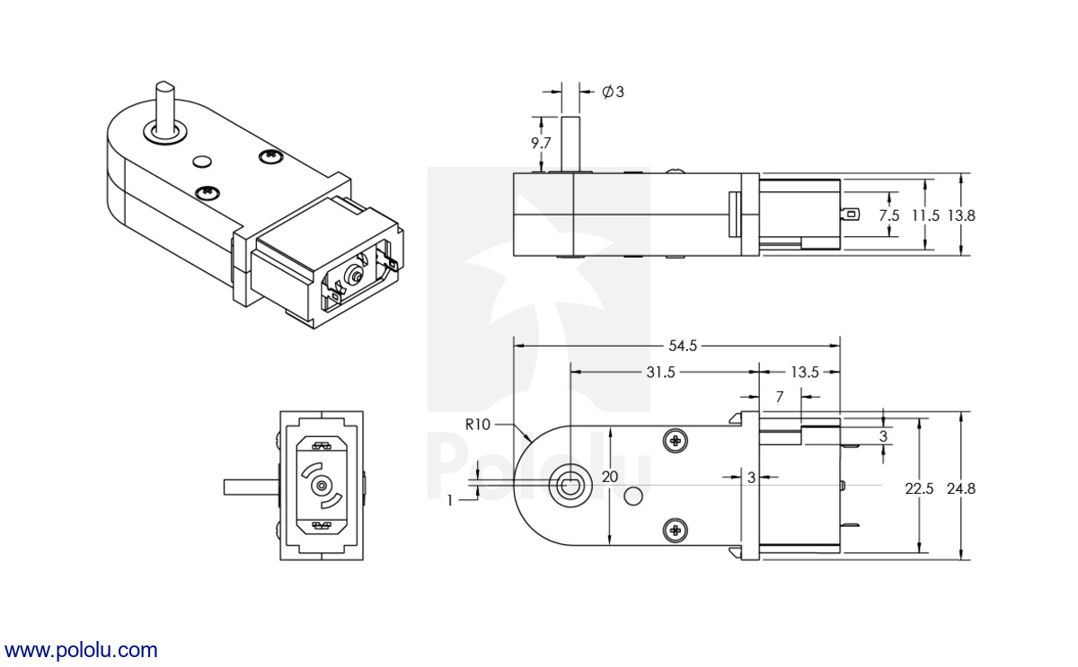 Pololu Dimensions (in mm) of the 1201 and 1801 mini plastic