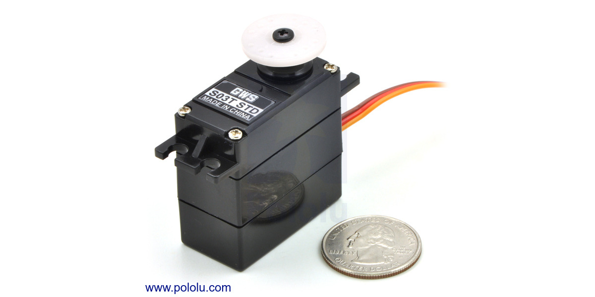 Pololu GWS S03T STD servo with U.S. quarter for size reference.