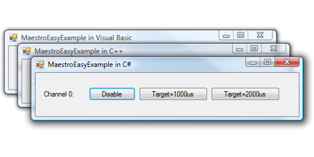 Pololu The Pololu USB SDK contains example code for the Maestro in C, Visual C++, and Visual