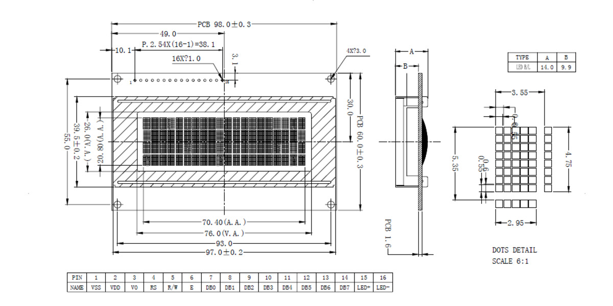 Pololu - Dimensions (in mm) and pinout for the 20×4 white-on-blue ...