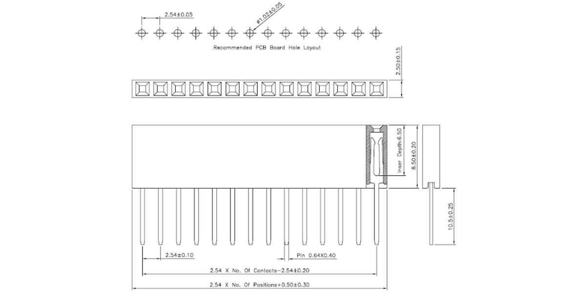 Pololu - Dimensions (in mm) of the stackable 0.100" female header set