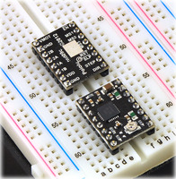 Pololu A4988 stepper motor driver carrier, Black Editions, on a breadboard.