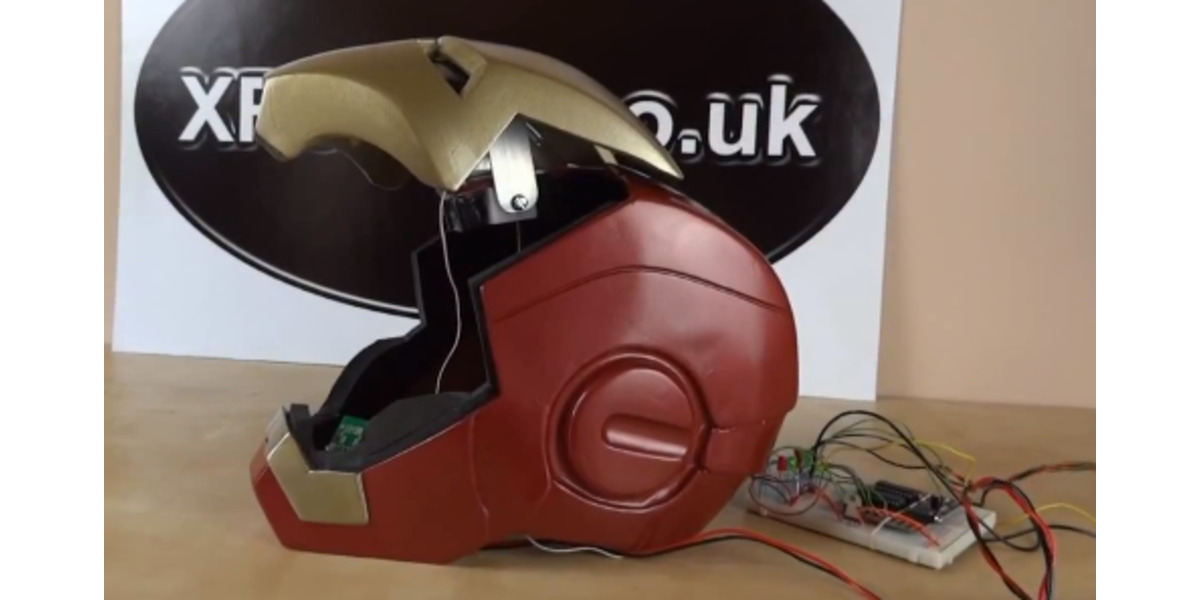 Pololu Iron Man helmet with motorized faceplate and light up eyes