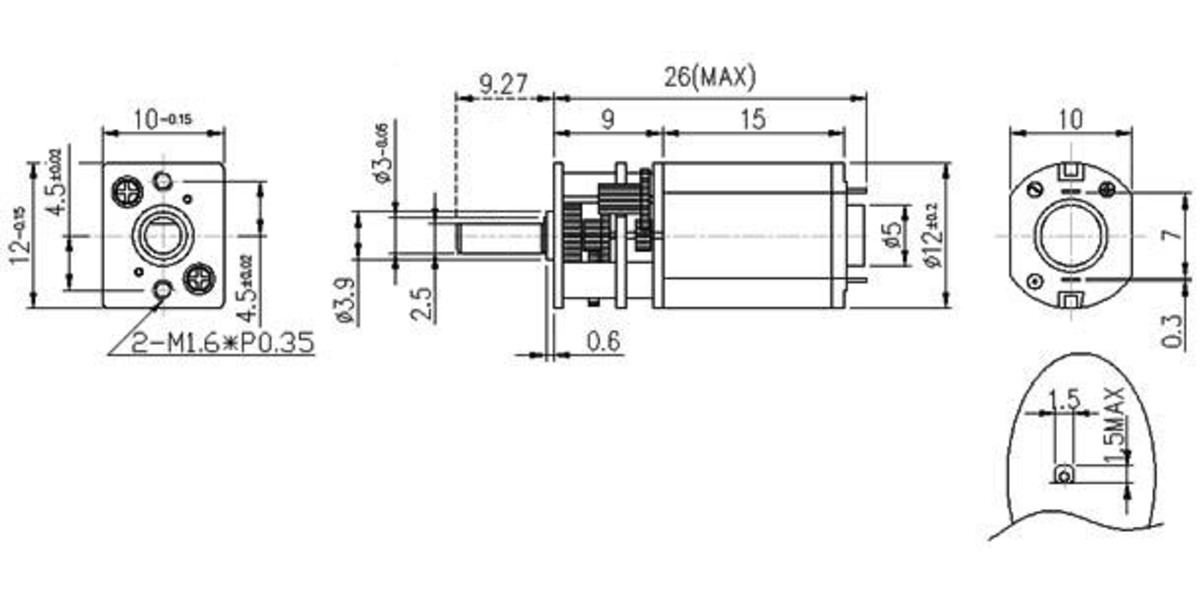 Pololu Micro metal gearmotor dimensions (units in mm).