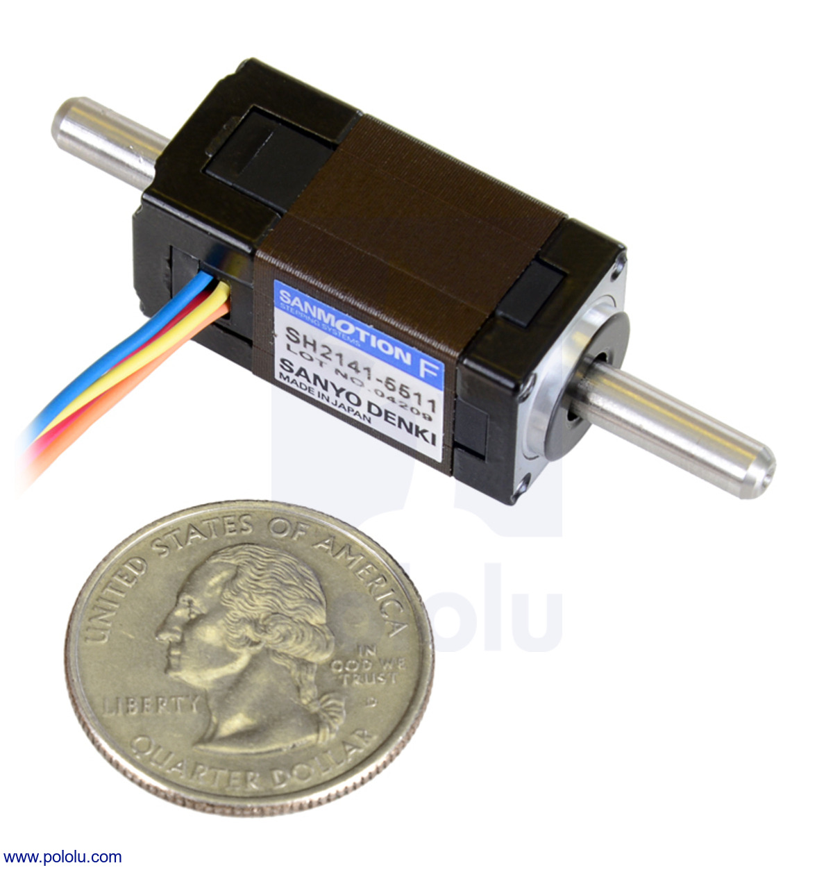 Sanyo Miniature Stepper Motor: Bipolar, 200 Steps/Rev, 14×30mm, 6.3V, 0.3  A/Phase, Double Shaft