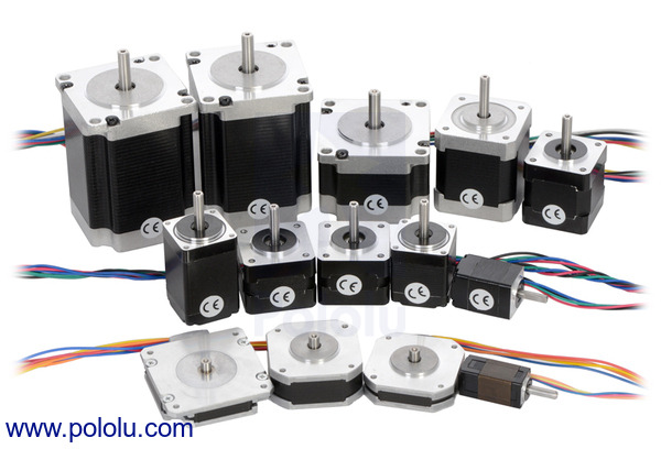 Photo of several NEMA-style stepper motors. These motors all share s solid metal casing and mounting holes on the top by their shafts. They come in various sizes.