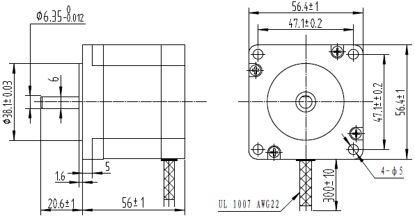 Pololu - Dimensions (in mm) of 57mm square (NEMA 23) by 56mm stepper motor.