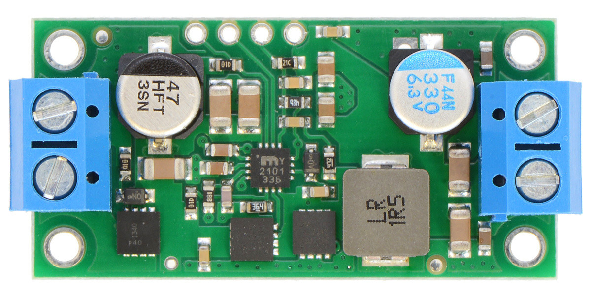 Pololu 5V, 9A Step-Down Voltage Regulator D24V90F5, assembled top view.