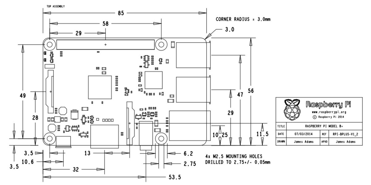 Pololu - Raspberry Pi Model B+ dimensions in millimeters.