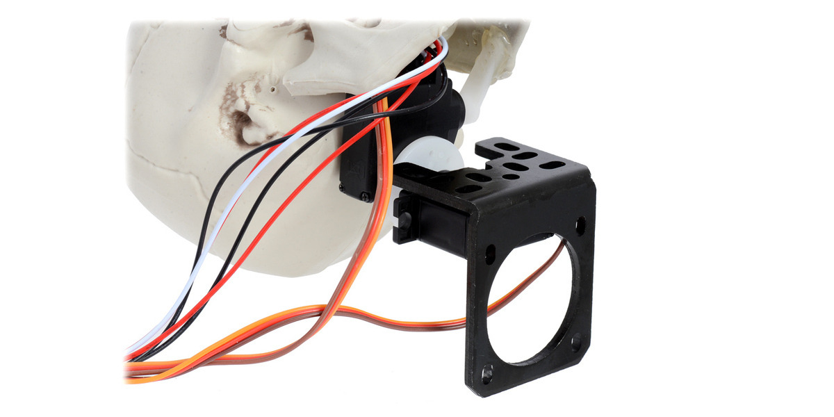 Pololu Simple animatronic skull controlled by an AStar 32U4 Mini SV, closeup on servos.