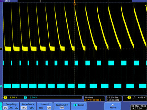 Example series of QTR-1RC output signals generated as a black line on a spinning white disk passes in front of the sensor.