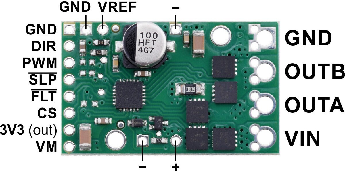 Pololu G2 High-Power Motor Driver 18v17 or 24v13, top view with labeled ...