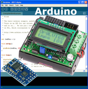 Arduino IDE with the Orangutan LV-168 and Baby Orangutan B superimposed over it.