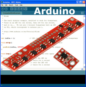 Arduino IDE with Pololu QTR sensors superimposed over it.