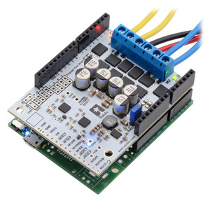 Pololu Dual G2 High-Power Motor Driver Shield being controlled by an A-Star 32U4 Prime.