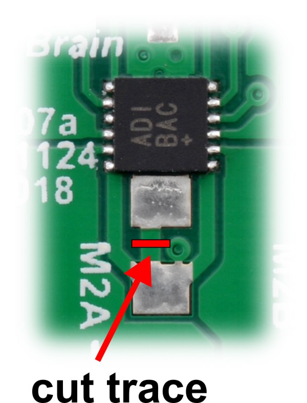 Figure 9 – Step one of enabling current limiting on the Dual MAX 14870 Motor Driver Shield for Arduino: cut trace between 1206 resistor pads  