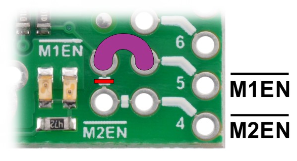 Figure 7 – Cut between the M1EN and M2EN pins to separate the enable inputs on the Dual MAX 14870 Motor Driver Shield for Arduino and add a jumper to access motor 1 enable on Arduino pin 5