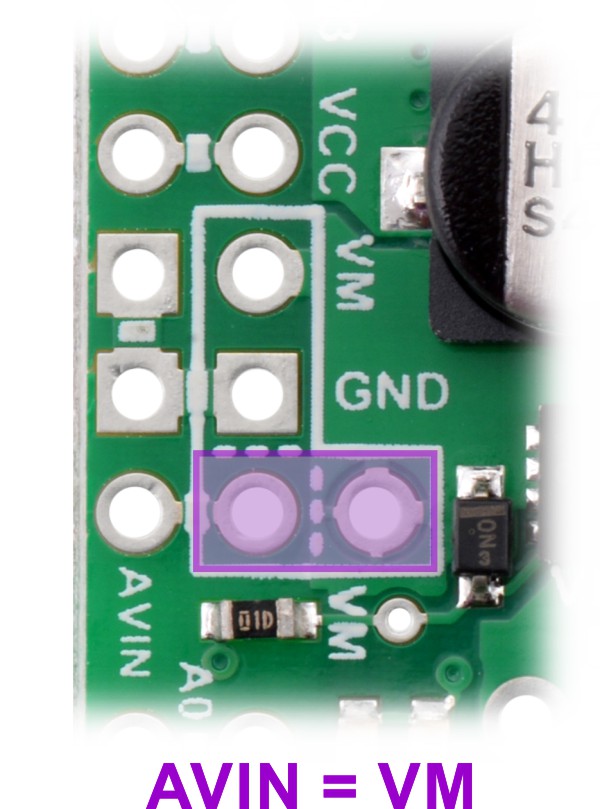 Figure 4 – AVIN=VM jumper location for Dual MAX 14870 Motor Driver Shield for Arduino to power the Arduino from the shield