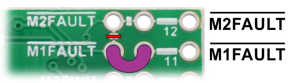 Figure 8 – Cut between the M1FAULT and M2FAULT pins to separate the fault outputs on the Dual MAX 14870 Motor Driver Shield for Arduino and add a jumper to access motor 1 fault on Arduino pin 11