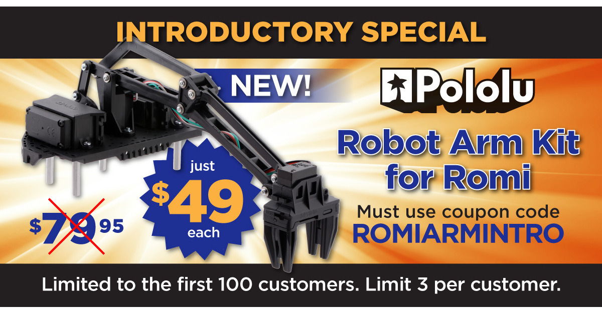 Pololu - New products: Robot Arm Kit for Romi (and also just the